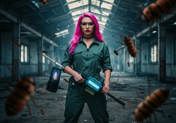 Woman with pest control device in an abandoned building.