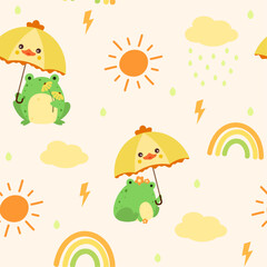 Fototapeta premium Animalistic Umbrella with cute kawaii animal chicken face seamless pattern. Rainy weather kids background for fabric textile surface design. Vector illustration, frog, rain, cloud, rainbow