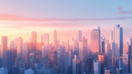 Fototapeta premium City skyline, sunset hues, many buildings.