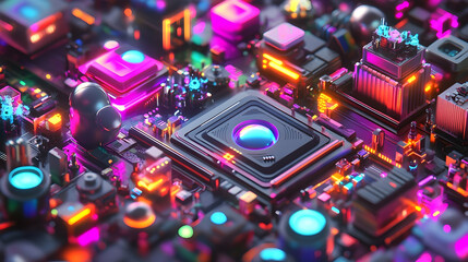 Intricate Neon-Lit Circuit Board Design Showcasing High-Tech Innovation and Connectivity
