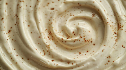 Creamy swirl texture with scattered spice particles, a delicate culinary delight