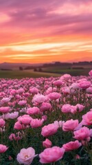 Pink flowers sunset field landscape beauty.