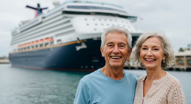 Happy elderly couple standing near cruise ship