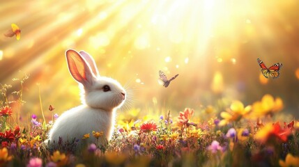 White rabbit, wildflowers, butterflies, sunny meadow.