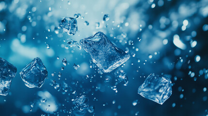 Ice cubes with the water drops creating refreshing and an icy effect on the soft blue background