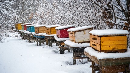 Colorful wooden beehives covered in snow.