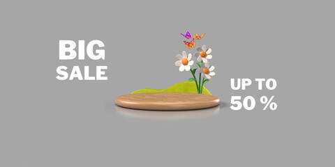 Summer discounts and sales. 3D realistic empty Brown Wooden Texture podium with Flowers and butterflies. Big Sale up to 50 %. Modern banner for product promotion and special deals. Vector illustration