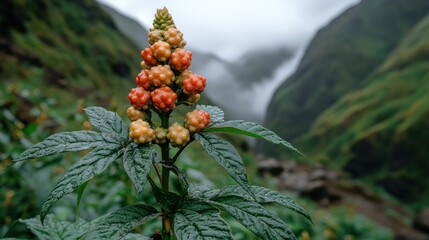 Vibrant plant with colorful fruit cluster in a lush mountainous landscape