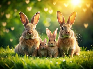 Fototapeta premium Adorable Bunny Family Portrait: Cute Rabbits on Lush Green Grass in Low Light