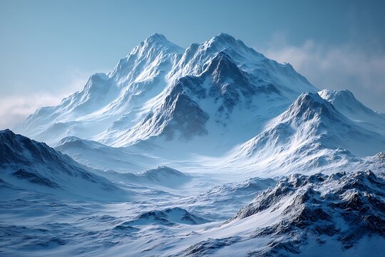 Snowy mountains under a soft blue sky, with gentle light reflecting off the icy peaks and the landscape surrounded by tranquility.