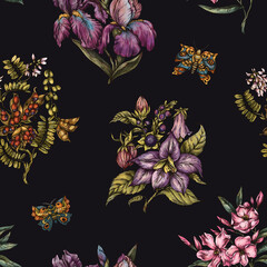 Vintage Botanical Pink Flowers Seamless Pattern, Romantic Flora