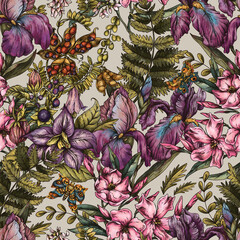 Vintage Botanical Pink Flowers Seamless Pattern, Romantic Flora