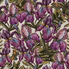 Vintage Botanical Iris Flowers Seamless Pattern, Romantic Flora