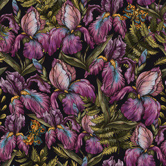 Vintage Botanical Iris Flowers Seamless Pattern, Romantic Flora