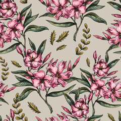 Vintage Botanical Pink Flowers Seamless Pattern, Romantic Flora