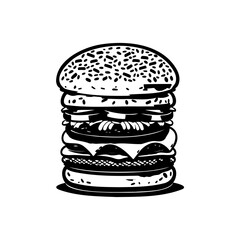 Monochrome depiction of a multilayered burger with classic constituents