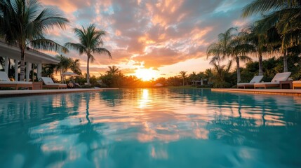 An inviting pool scene showcases a breathtaking sunset reflecting off the water, surrounded by lush palm trees, inviting relaxation and luxury in a tropical paradise.
