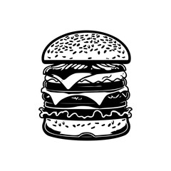 Black and white burger illustration showcasing stacked layers of ingredients