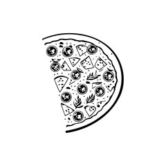 Monochrome Pizza Slice Illustration with Various Toppings in a Detailed Drawing