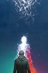 The Journey of the Soul: A solitary figure, viewed from behind, embarks on a metaphorical journey through the ethereal realms, his essence breaking into fragmented light above him.