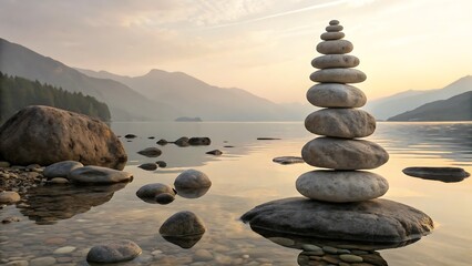 Balanced Stillness: Stone Cairn at Misty Lake Sunset.Find tranquility in this serene scene of a perfectly balanced stone cairn rising from calm lake waters at sunset. 