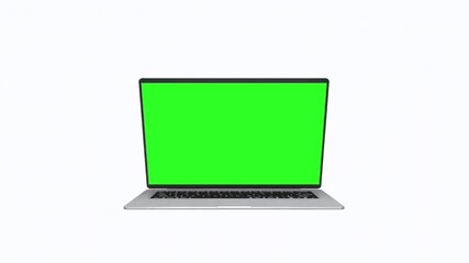 chroma key laptop mockup, computer with green screen front view, a motion graphics video on white background, opens zoom in and zooms out slow motion