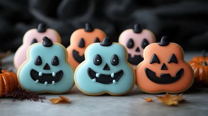 Obraz premium Colorful Halloween-themed cookies shaped like pumpkins with playful faces on a festive background