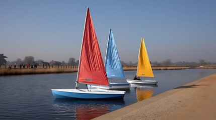 Obraz premium Colorful Sailboats Glide on Calm Canal Waters.
