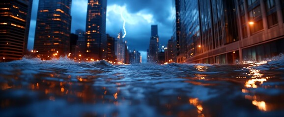 Urban aquatic catastrophe, flooded metropolis with lightning storm