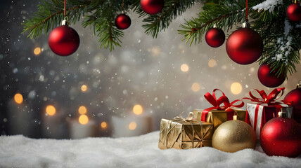 Winter Wonderland Christmas Scene – Snow-Covered Landscape with Festive Decorations, Ornaments & Gifts