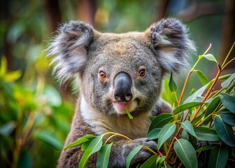 Obraz premium Adorable Koala Feeding on Eucalyptus Leaves in Australian Rainforest