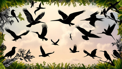 Collection of detailed black bird silhouettes showcasing various species in different poses and flight positions.