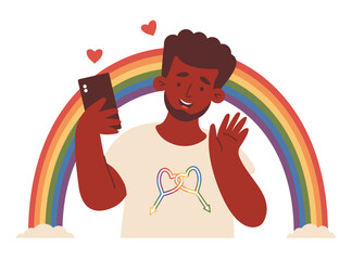 Happy gay. LGBT ethnic black man with phone Taking Selfie under rainbow. LGBTQ Pride Parade. Memorable joyful moment. Vector Illustration for Pride Month, support, celebrating love, identity