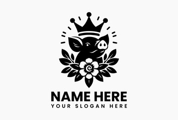 Plump pig silhouette wearing a crown of daisies, rustic-chic vector logo for farm-to-table brands and breweries