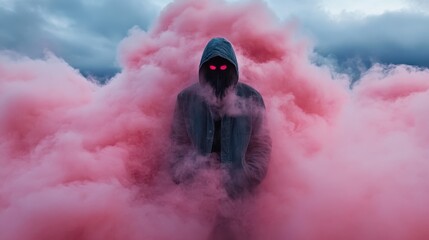 A mysterious cloaked figure with striking pink eyes stands surrounded by swirling pink smoke, evoking an eerie sense of uncertainty and hidden emotions in the atmosphere.