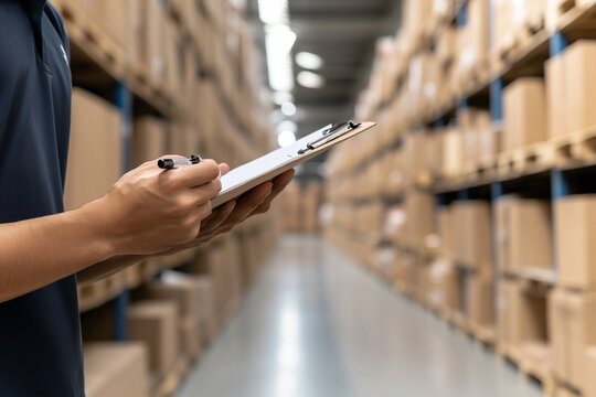 Worker checks inventory in a warehouse aisle with a clipboard during the day