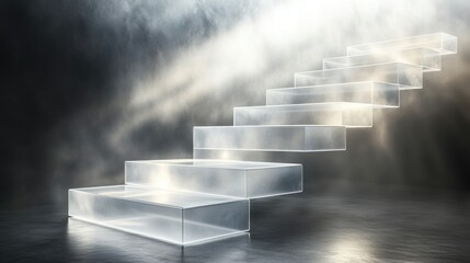 Glass stairs ascending in smoky, dark room