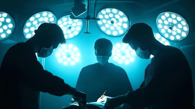 A dramatic shot of surgeons silhouetted against bright surgical lights, their eyes locked on the intricate task of transplanting an organ.