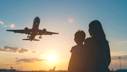Journey's Embrace: A silhouette of a mother and child watches a plane ascend against the radiant sunset sky. The scene captures the emotion and anticipation of a travel experience.