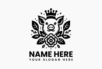 Plump pig silhouette wearing a crown of daisies, rustic-chic vector logo for farm-to-table brands and breweries