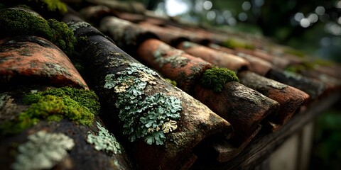 Fototapeta premium Weathered terracotta roof tiles with moss and lichen, rows receding into soft background, natural sunlight highlighting textures. 