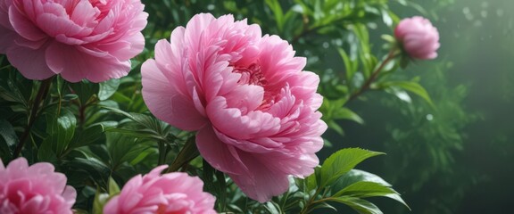Luscious pink peonies, vibrant green leaves, dew drops  , beautiful, leaves, bud
