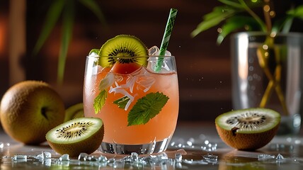 Fresh kiwi orange mint juice on the icy water background 