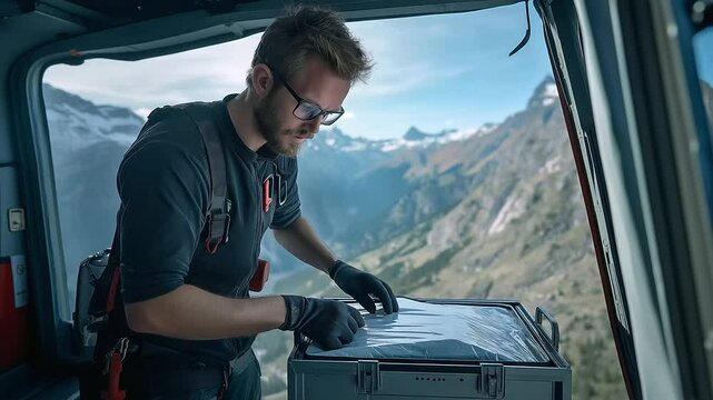 A focused paramedic carefully checking an organ transport box inside a helicopter, with the mountainous landscape visible through the open door.