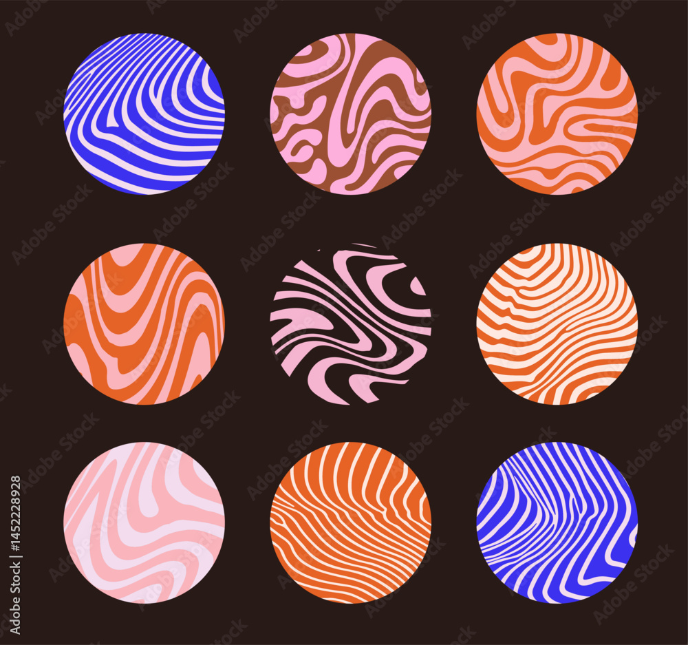 Poster Set of vector illustrations featuring abstract circles with wavy, striped and fluid patterns. The design uses modern, psychedelic and retro Y2K-inspired style with bold, contrasting colors.
