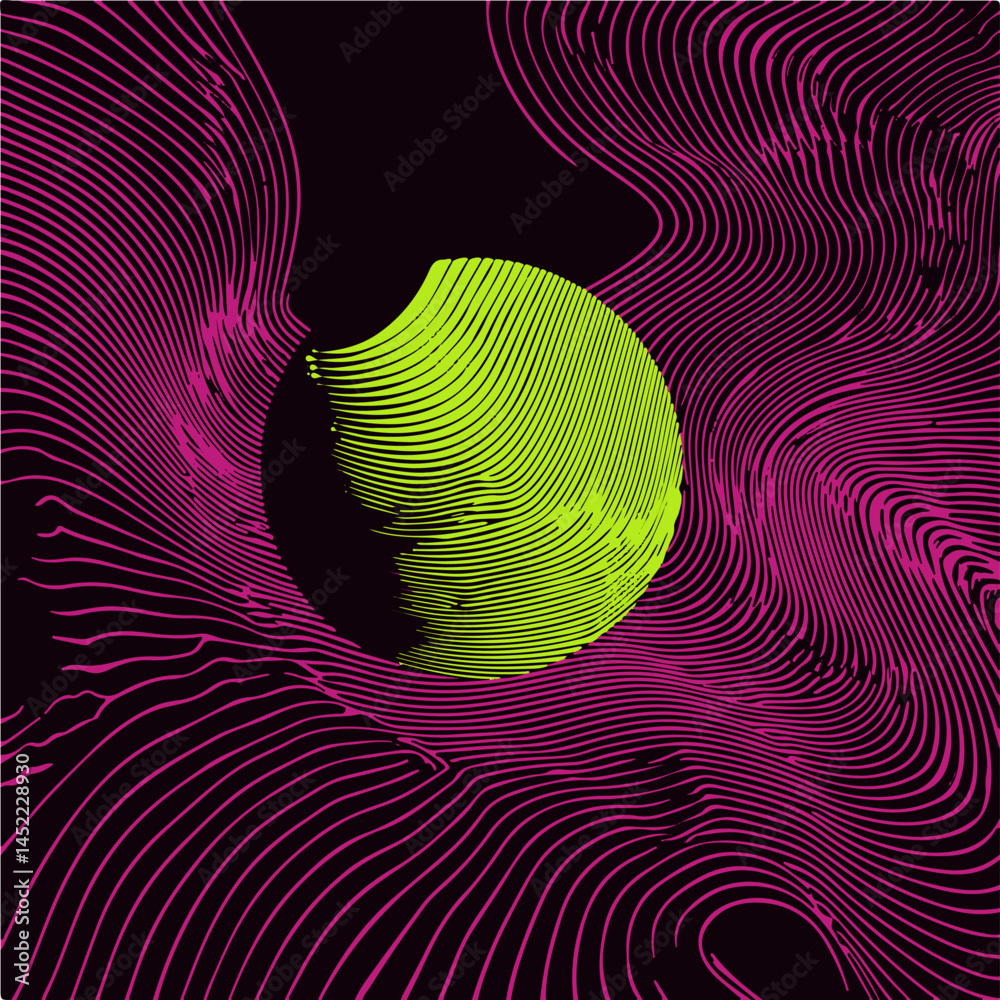 Leinwandbilder Abstract vector illustration features a neon green sphere surrounded by dynamic, flowing magenta lines on a black background, creating a sense of motion and energy.