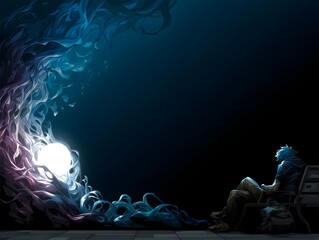 Fototapeta premium Lone contemplation in the cosmos: A lone individual sits on a bench, engrossed in thought, as a surreal celestial light show unfolds, weaving a tale of introspection and wonder.