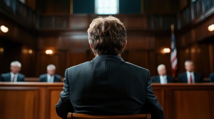 A poised man stands with his back to an audience in a courtroom, embodying composure and confidence as he prepares for the legal proceedings that lie ahead.