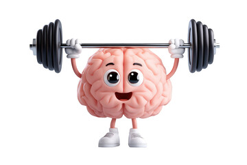 Cute cartoon brain character lifting weights exercise on transparent background