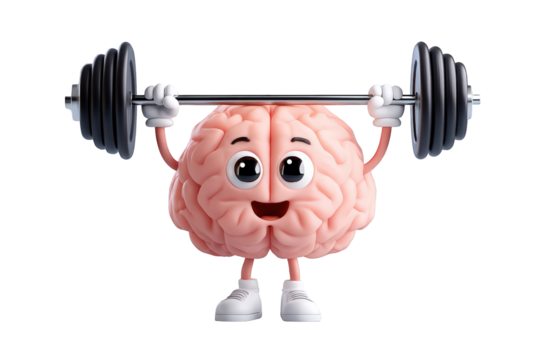 Cute cartoon brain character lifting weights exercise on transparent background